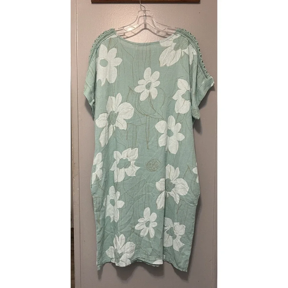 Kaktus NWT Linen SAGE floral Dress Made In Italy Size XL Pockets Vacation Boho